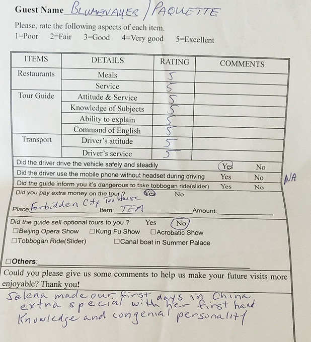 Feedback form of Badaling Great Wall, Tiananmen Square and Forbidden City one day bus tour